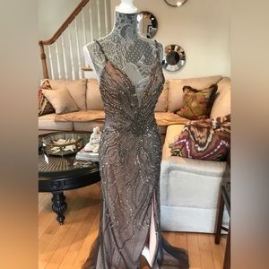 Jovani Taupe sparkly long prom dress